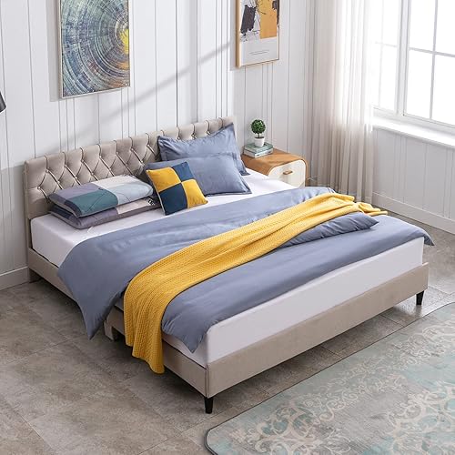 CECER Marco de cama tamaño Queen, marco de cama de madera con cabecera ajustable, marco de cama tapizado de lino, fácil montaje, no necesita somier,