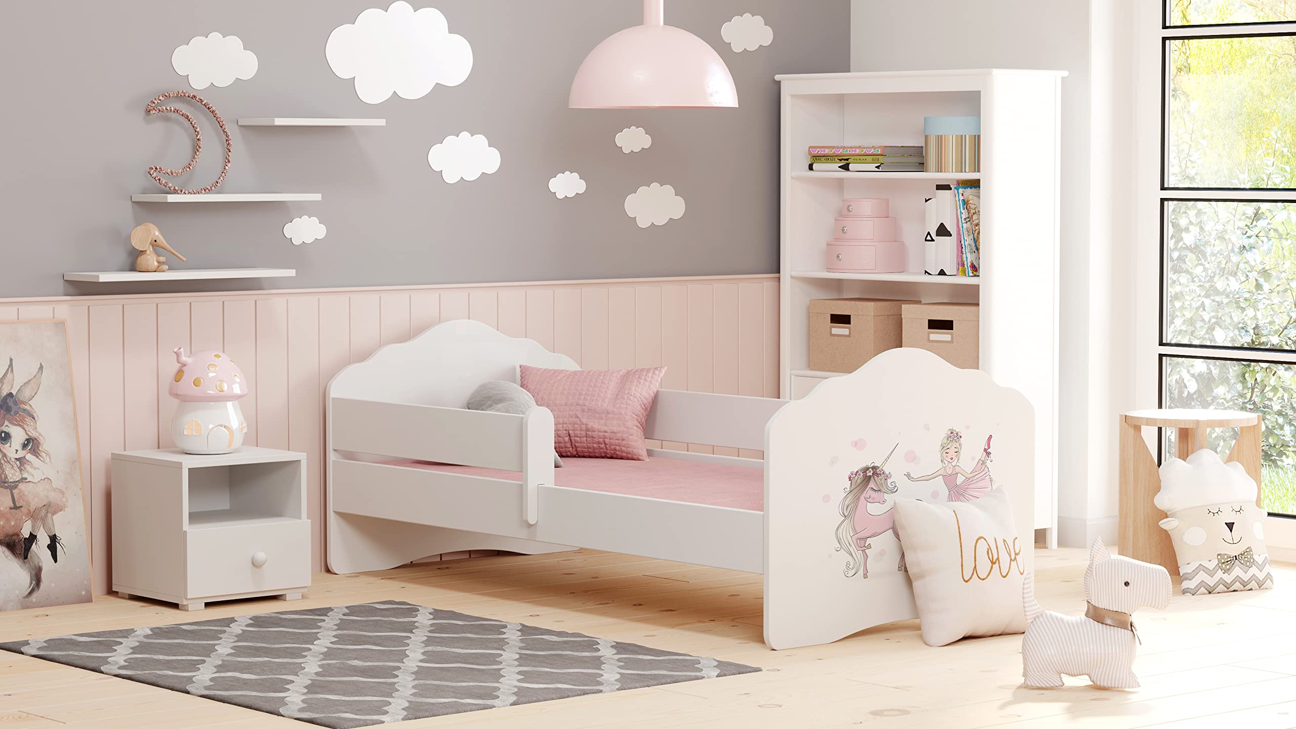 Letto per bambini FALA"RAGAZZA CON UN UNICORNO" 160x80 ringhiera, materasso, telaio