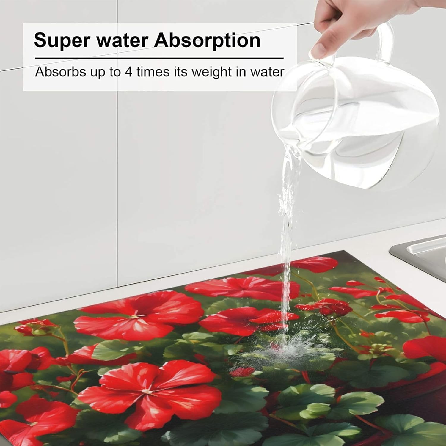 Red Geraniums Kitchen Countertop Absorbent Mat Non Slip Double Sided Design for Appliance Protection Decoration