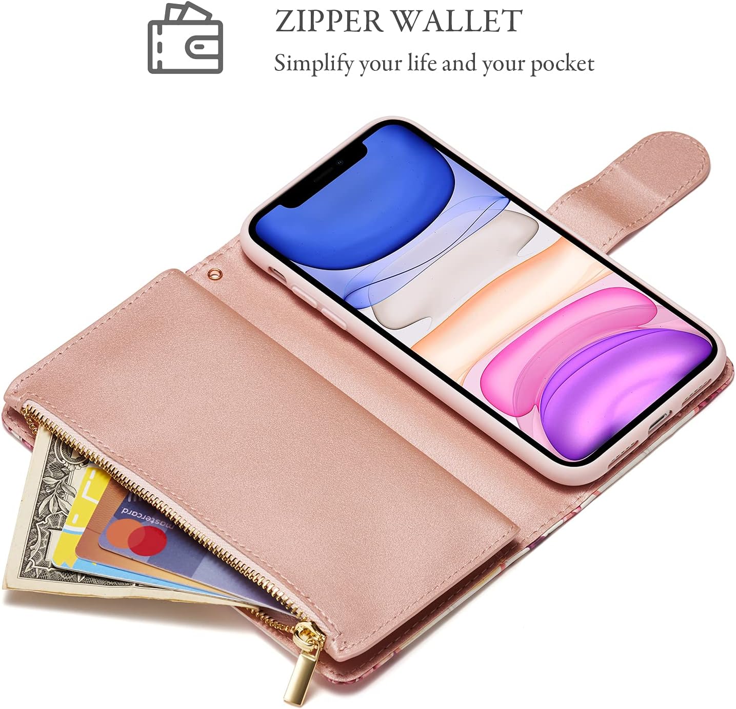 UEEBAI Wallet Case for iPhone 11 6.1, Premium Vintage PU Leather Magnetic Closure Handbag Zipper Pocket Case Kickstand Card Slots with Wrist Strap Shockproof Flip Cover for iPhone 11 - Pink Flower