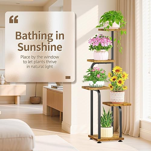 Miniatura 6 de LASZOLA Soporte alto negro para plantas de 5 niveles para interiores con bandeja de madera resistente, estante vertical grande de varios niveles