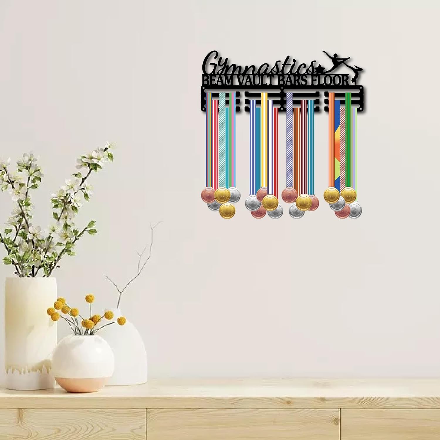 CREATCABIN Gymnastics Medal Hanger Display Medal Holder Rack Organizer Sports Metal Hanging Iron Wall Mount Frame Decor Medal Hangers with 12Hooks for Runner Marathon Medalist Black 15.7 x 6Inch