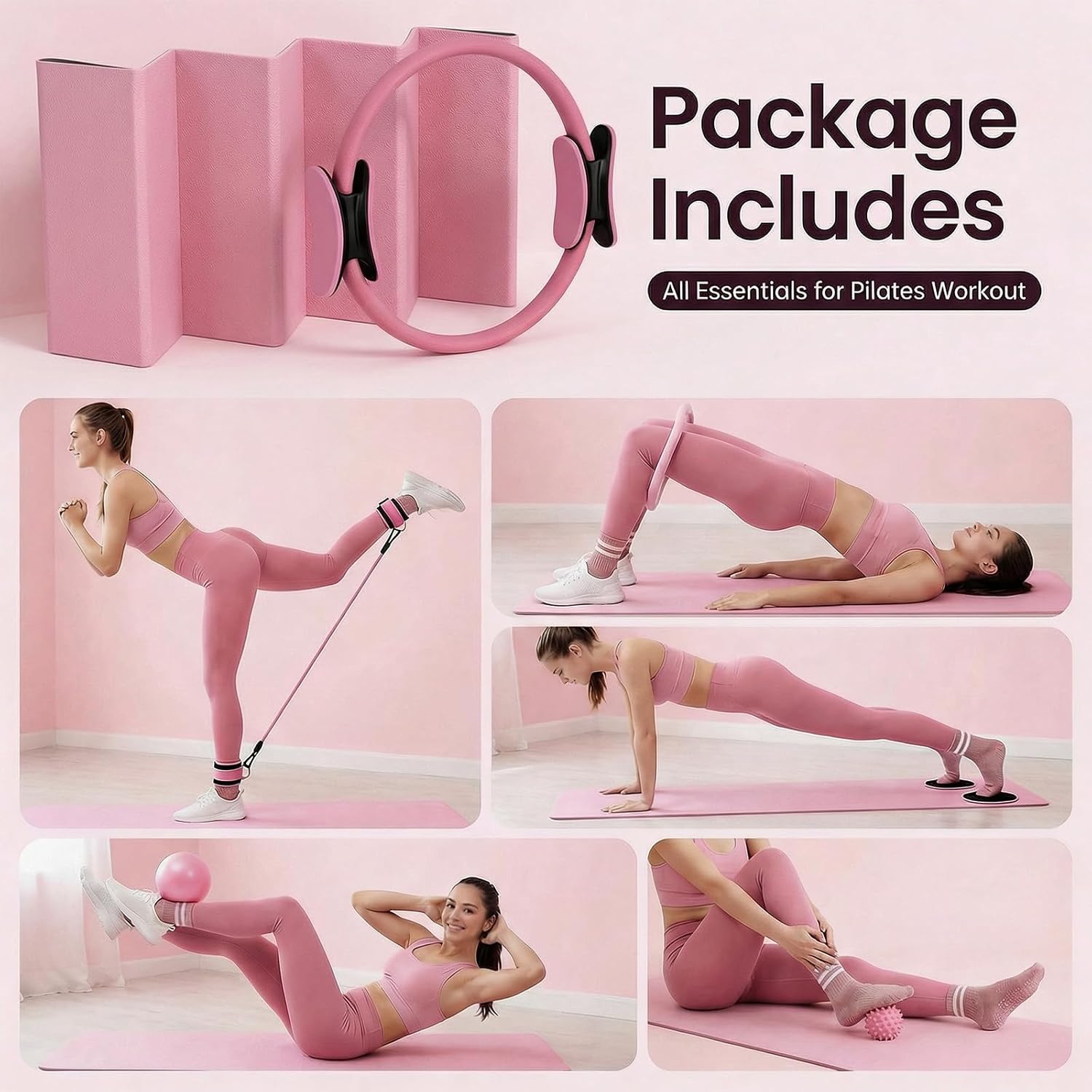 18 PCS Ultimate Pilates Kit, Premium Home Pilates Kit for Woman with Pilates Ring and Ball, Foldable Pilates Mat, Pilates Bands, Pilates Socks, Pilates Kit for Home Workouts for Starter
