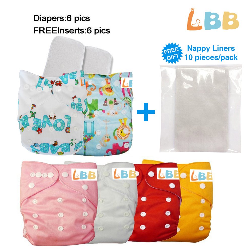 LBB 6 Pack One Size Baby Washable Reusable Pocket Cloth Diapers Covers with Inserts, 170