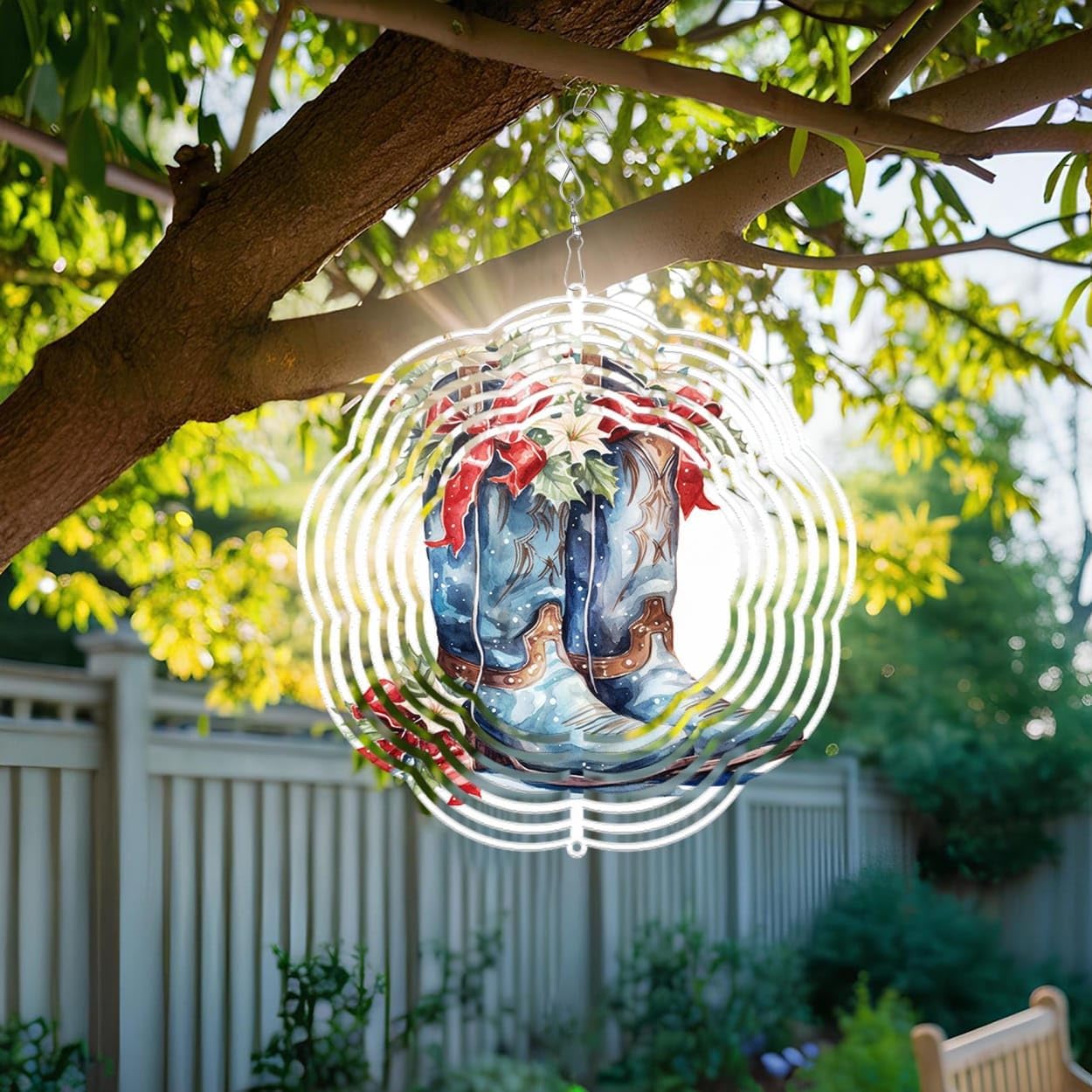 Blue Cowgirl Boots Mistletoe Christmas Wind Spinners 3D Stainless Steel Laser Cut Metal Double Sided Printing-Hanging Indoor/Outdoor Decorations Yard Gardening Decor,Metal Kinetic Art 14x14 inches