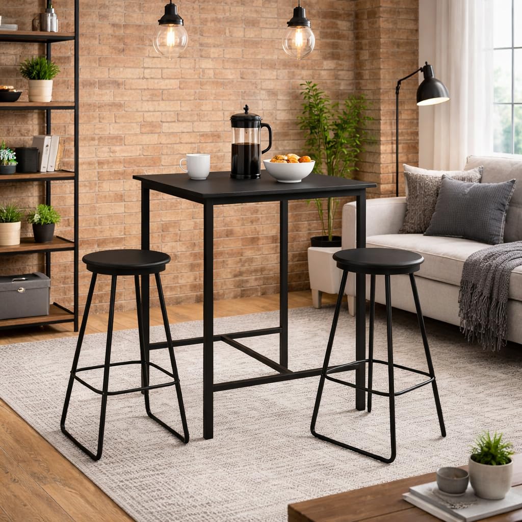 Set Tavolo Alto con 2 Sgabelli - Quadrato, in Legno, Struttura in metallo, Stile Moderno, Industriale, per Bar, Casa - Tavolo 60 x 60 x 100h cm (Nero)