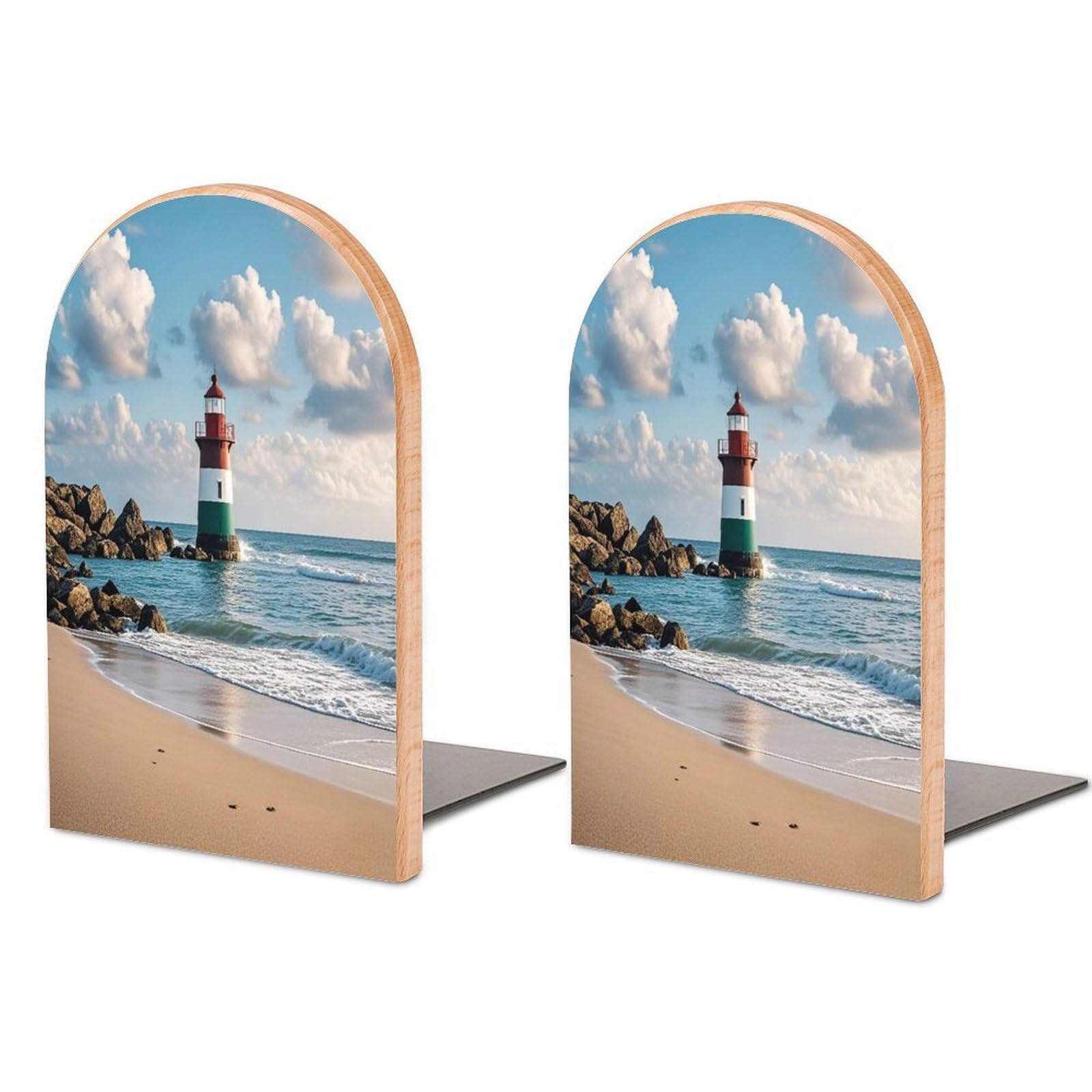 Sea Lighthouse Sandbeach Bookend for Shelves Unique Book End Sturdy Books Holder Heavy Duty Wooden Bookends Support Non-Slip Book Organizers Decorative Modern Bookend Holder for Home