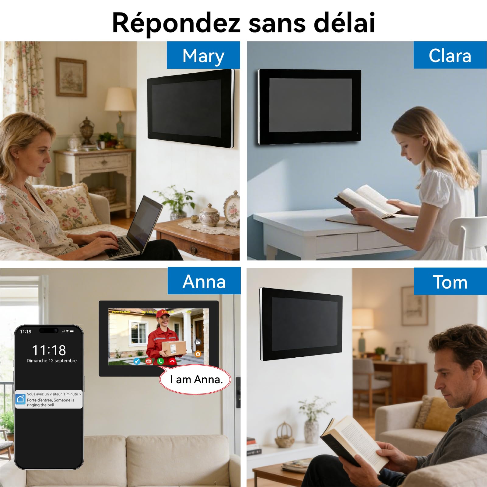 2 Fils Visiophone, Interphone Vidéo WiFi avec 7‘’ Moniteur écran Tactile,Sonnette de Caméra Vision Nocturne,Detection Humaine,APP Unlock,RFID Badges, 4-Family Kit