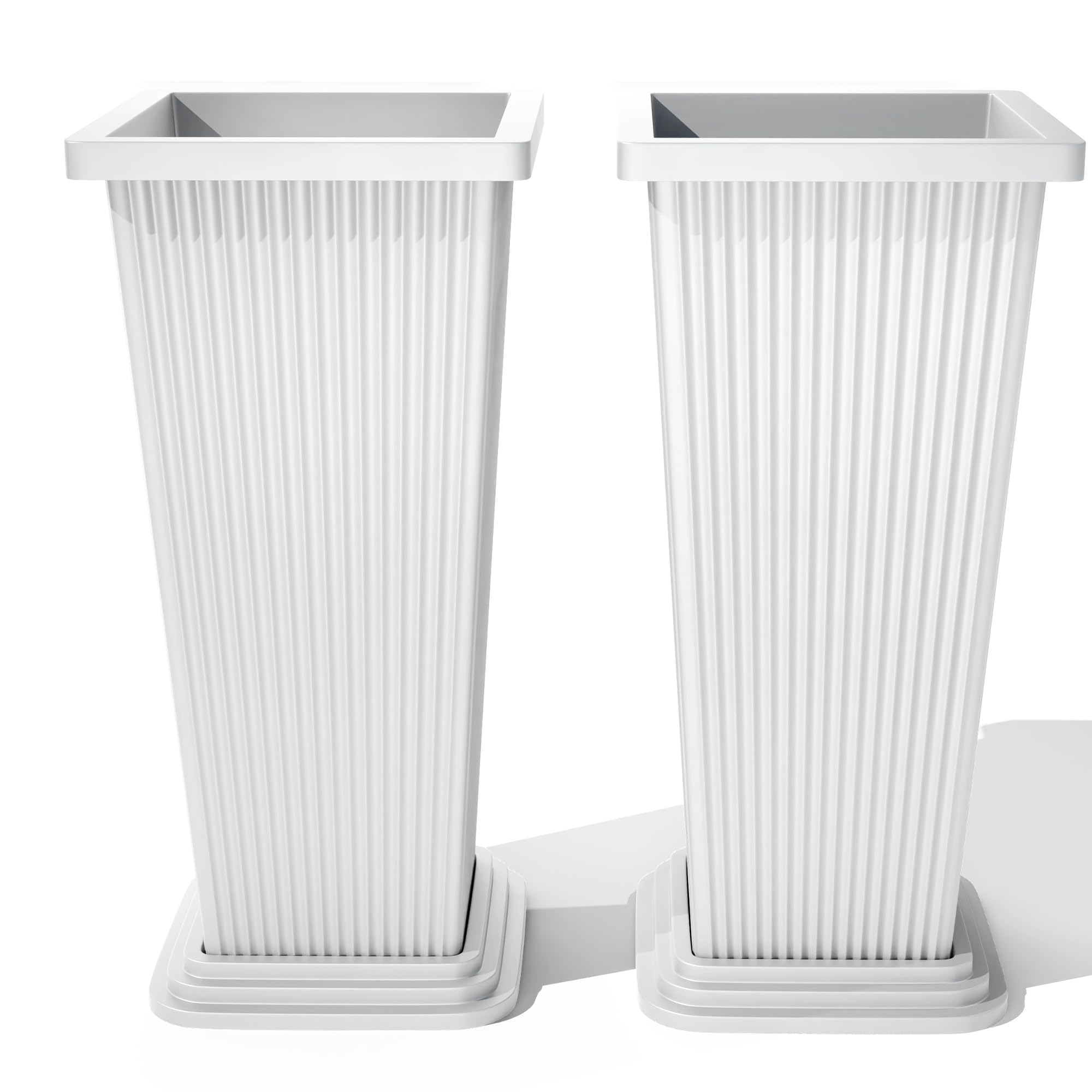 FENCY Set of 2 Tall Planters for Outdoor Plants, 24 Inch Large Tapered Pots with Drainage Trays, Weather-Resistant Plastic Plant Containers for Patio,