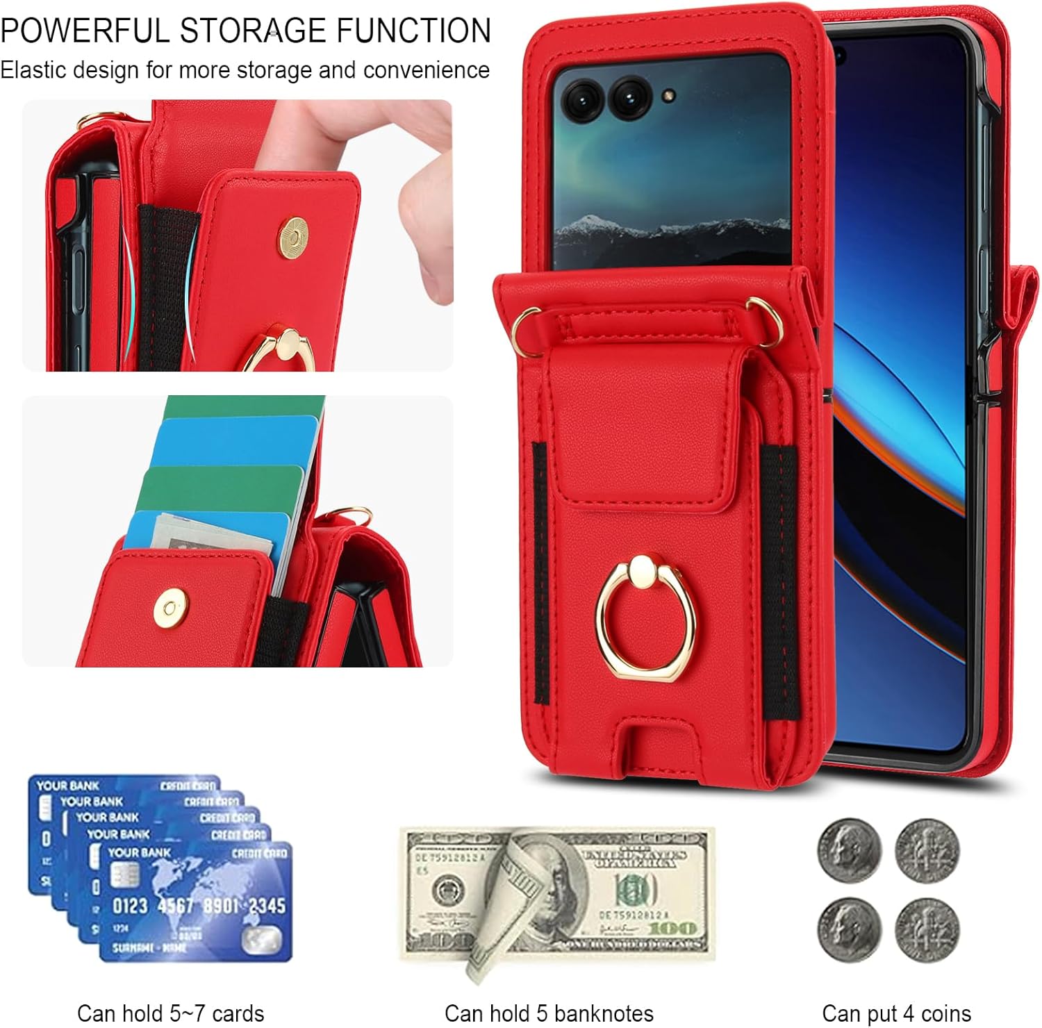 Asuwish Phone Case for Moto Razr 50/Moto Razr 2024 Wallet Cover with Ring and Crossbody Wrist Strap Lanyard Credit Card Holder Slot Stand Cell Leather Purse INE-LX1 Razor Razer Women Men Girls Red