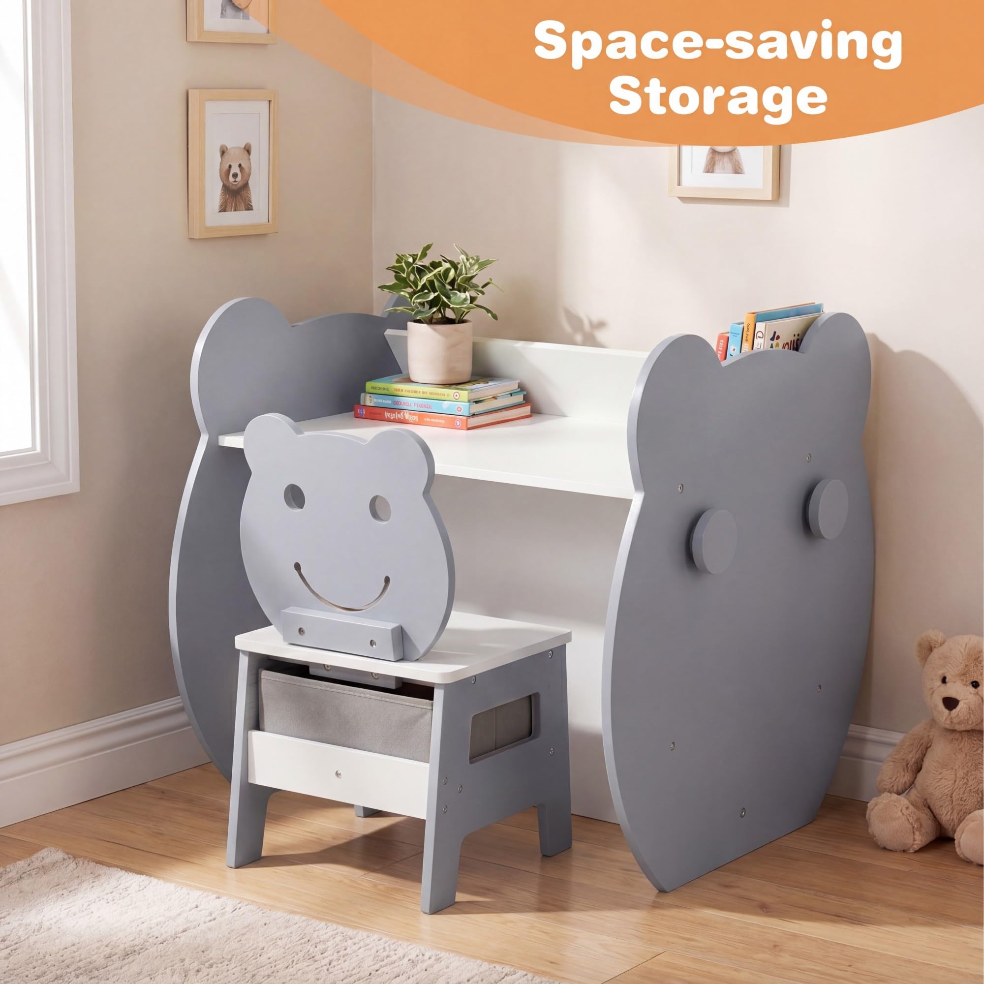 GOPLUS 3 en 1 Mesa y Silla Infantil, Pupitre de Actividades para Niños de 3-10 Años con Pizarra Negra y Blanca Reversible, Estante, Ganchos y Cajón, Mesa de Arte para Estudiar y Dibujar (Gris)