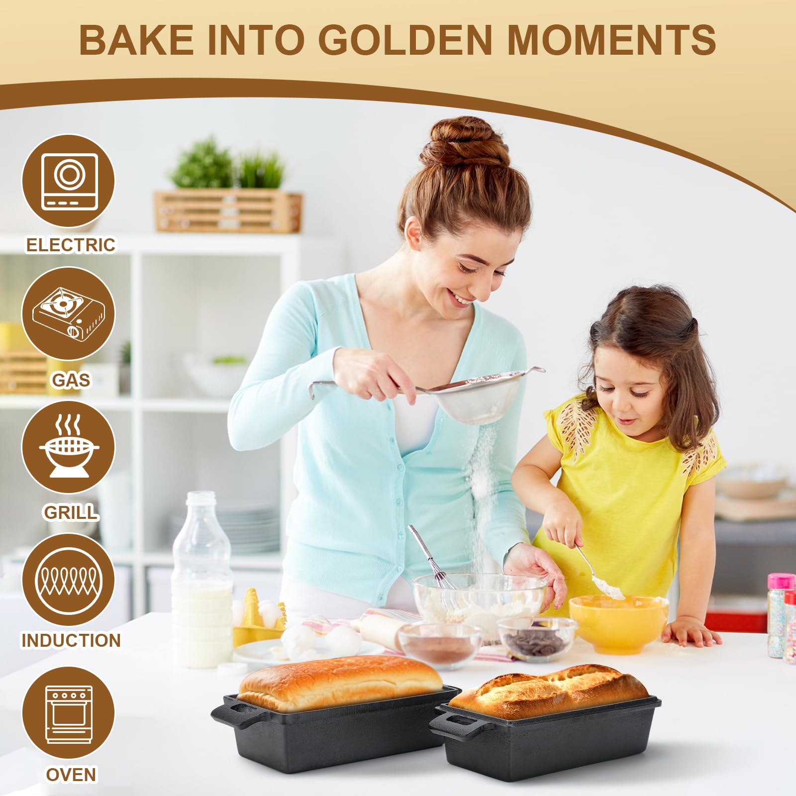 BAKEWAY Kastenform aus Gusseisen mit Deckel, Kastenformen zum Backen von Brot 9x5 | Langlebige, leicht zu reinigende Brotbackform für hausgemachtes Brot, Pizza & gleichmäßige Wärmeverteilung - 2