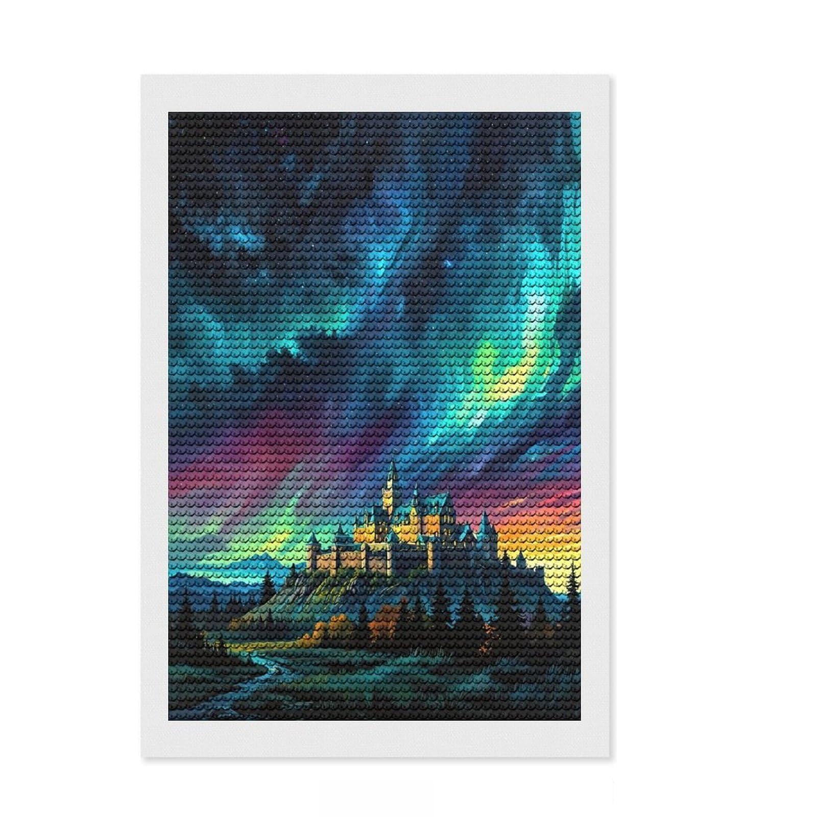 Junmoney Aurora Borealis and Castle DIY Diamond Art Canvas Kit 8"x12", Fun Craft Experience, Good for Quiet Evenings, Cosy Home Accent, Gift Idea