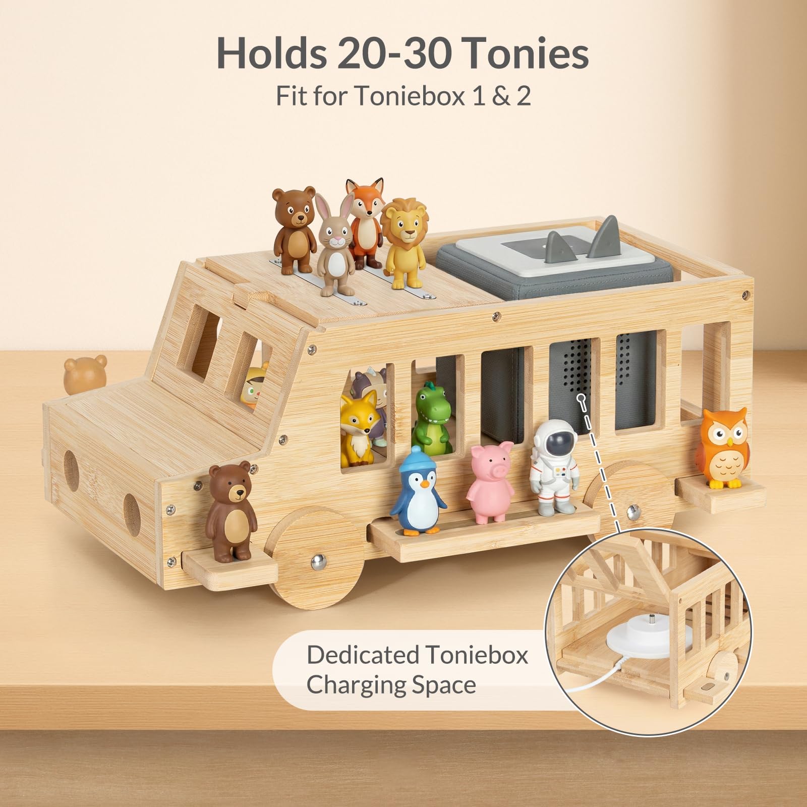 Todeco Étagère Magnétique à Poser, pour Tonies et Toniebox, Bus 3D | 20-30 Tonies, Bande Magnétique Renforcée, Compatible avec Station de Charge, Matériel de Montage Inclus, Bambou Robuste