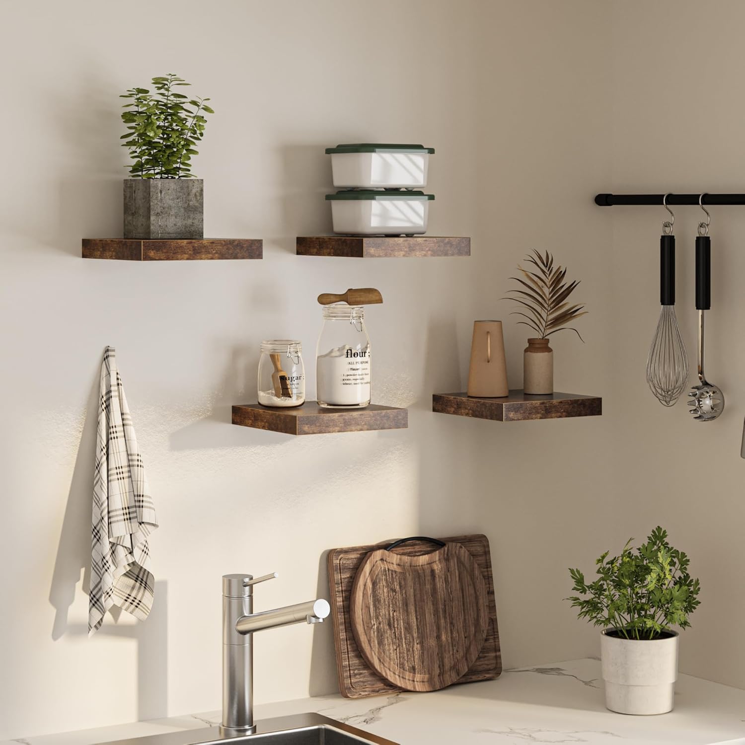 FLYJOE Square Floating Shelves for Wall, 10"W x 10"D x 1.4"H, Small Wooden Wall Mounted Display Shelf with Invisible Brackets for Living Room, Bedroom, Bathroom, Kitchen Decor, Set of 4, Rustic Brown