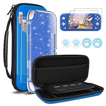DLseego Carrying Case for Nintendo Switch Lite, Newest Design Portable Travel Carrying Case 4 in 1 Accessories Kit with 1 Pcs Glitter Case, 2 Pcs Screen Protectors and 4 Pcs Thumb Grips Caps - Blue