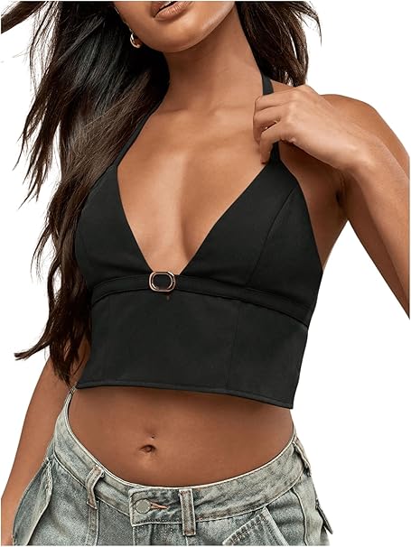 SHENHE Women's Crop Tops Sleeveless Metal Buckle Plunge