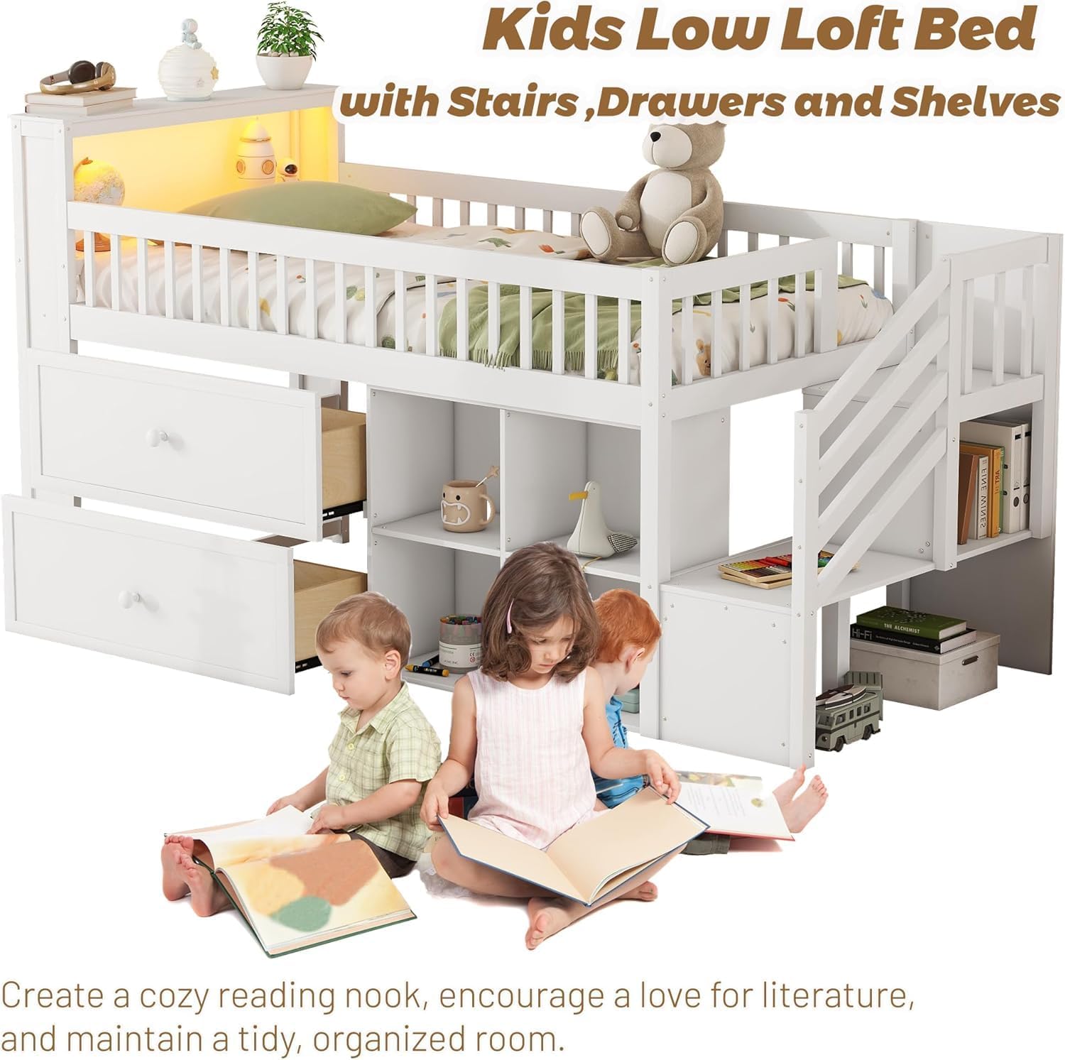 Twin Low Loft Bed with LED Lights, Loft Bed Frame for Kids with 2 Storage Drawers & Bookcase Headboard, Solid Wood Loft Beds with Stairs and Safety Guardrail for Junior Girls Boys (White)