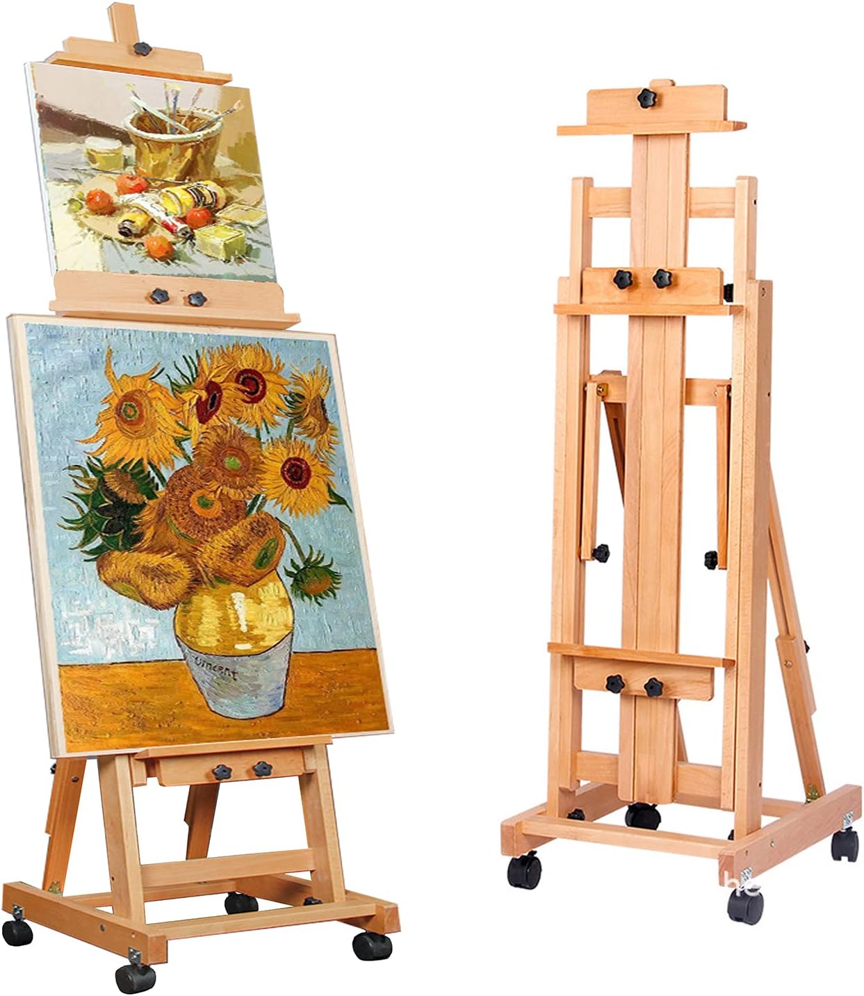 Art Easel for Painting, Large H-Frame Standing Studio Painting Easel Tilting Flat Adjustable with Wheels for Adults Artist, Can Holds 2 Canvases