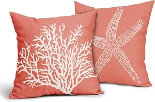 Coastal Coral Throw Pillow Covers 18x18 Inch Set of 2 Starfish Beach Nautical Pillow Covers Summer Farmhouse Pillowscase Linen Square Cushion Covers for Sofa Couch Bedroom Living Room Home Decoration