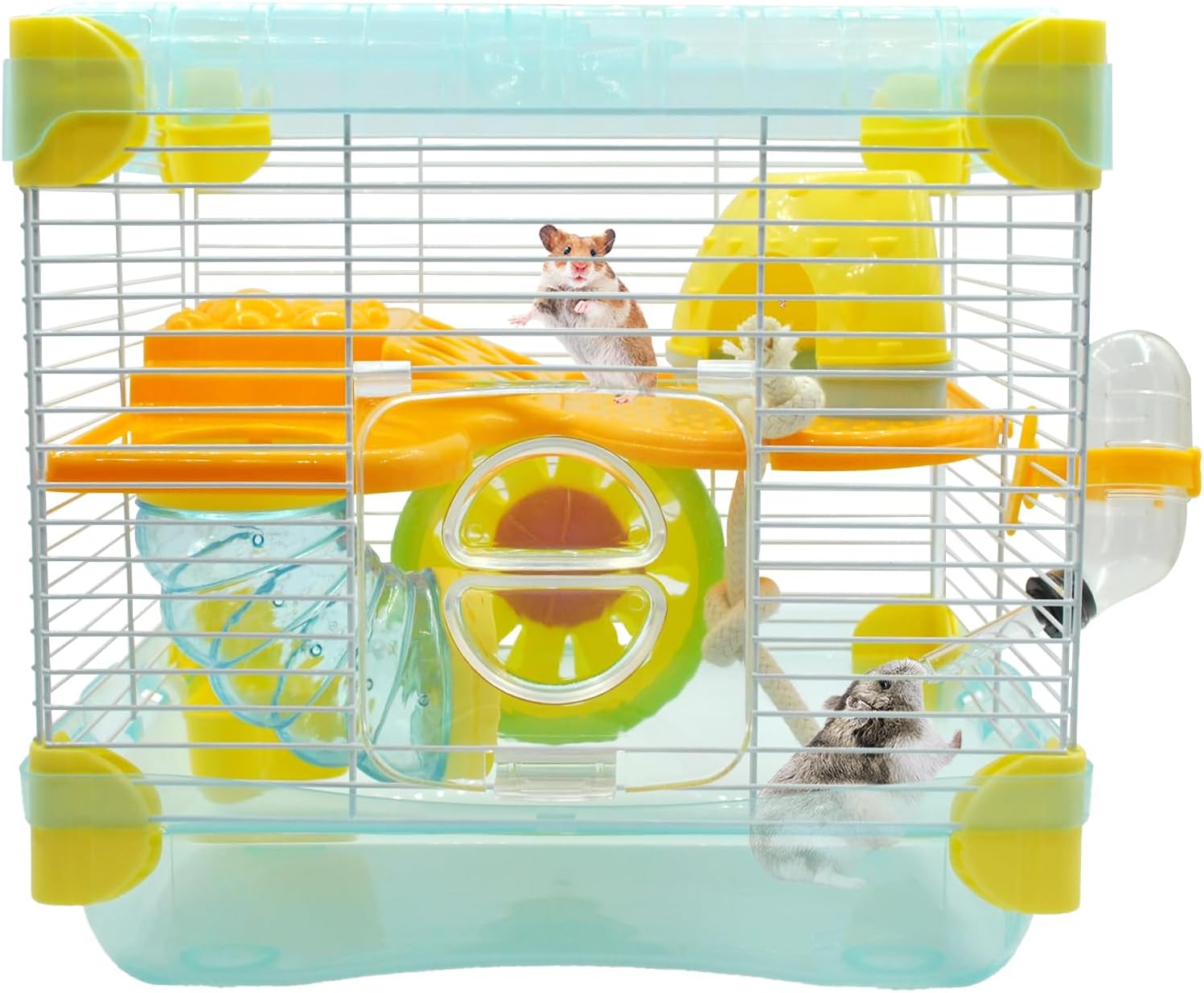 2 Layers Hamster Cage with Tubes Mouse Cage with Accessories Water Bottle Food Dish Transparent Hamster Habitat with Exercise Wheel for Hamster Guinea Pig Gerbil (10.9" x 8.1" x 9.8" Blue)