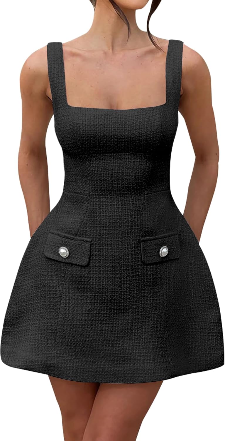 SHESEEWORLD Women's Sleeveless Tank Dress Square Neck Adjustable Straps Backless Mini Dress