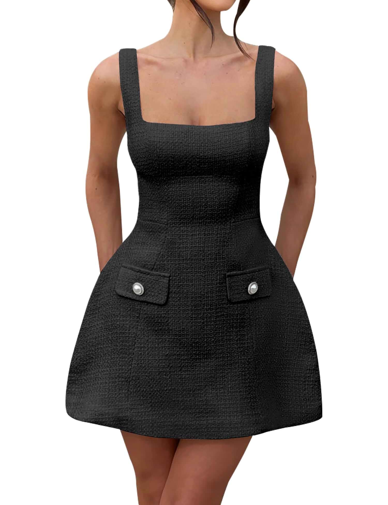 Women's Tweed Sleeveless Square Neck Backless Tank Dress Adjustable Straps Mini Dress, Fit and Flare, Decorative Buttoned Pocket Flaps, Full Lining