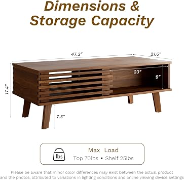 MAISONARIA Mid Century Coffee Table with Storage & Sliding Fence Door, Modern Coffee Tables for Living Room, Walnut Finish