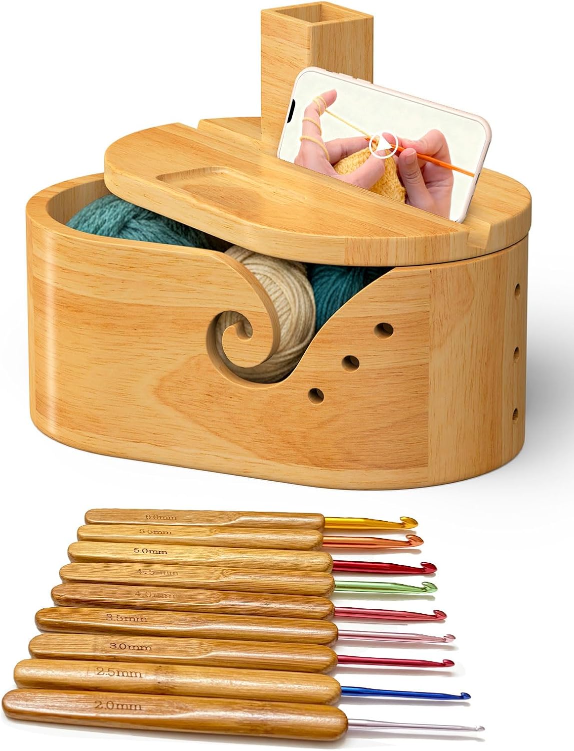 YHNNH Oval Yarn Bowl Set with Lid, Crochet Yarn Holder with 9pcs Knitting Hooks, Large Wooden Yarn Storage with Phone Stand & Crochet Accessories, Double Curling Slot, Ideal Gift for Crochet Lovers