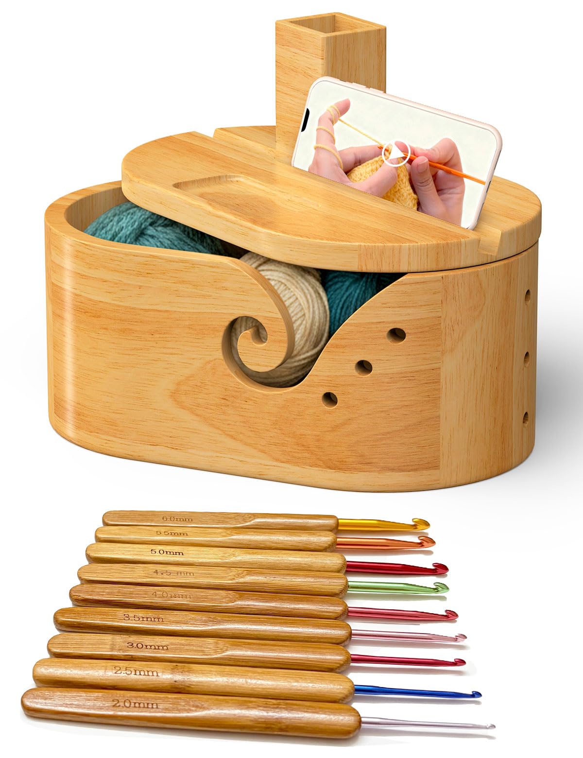 Large Oval Yarn Bowl Set with Lid, Wooden Holder with 9pcs Knitting Hooks, Yarn Storage with Phone Stand & Crochet Accessories, Double Curling Slot, Ideal Gift for Crochet Lovers
