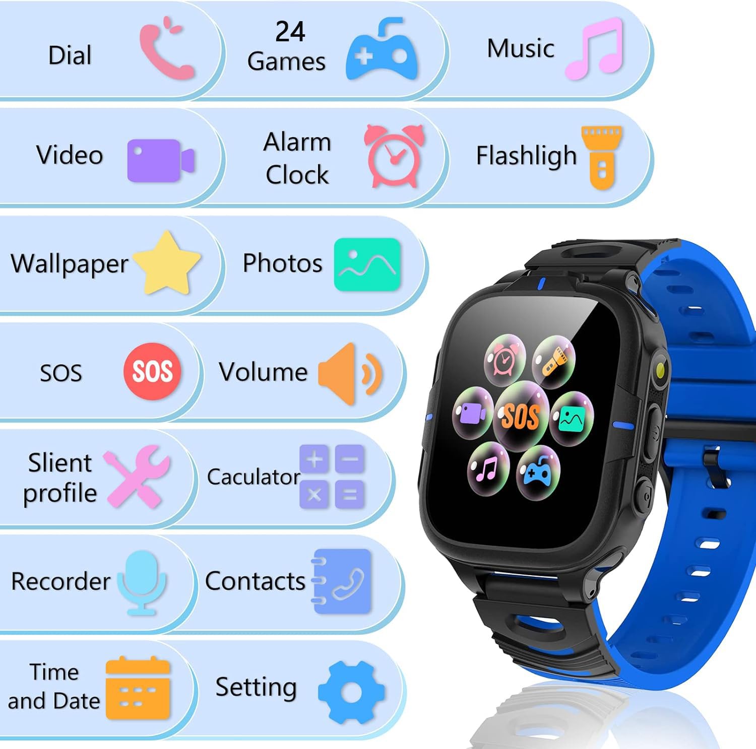 Orologio Smartwatch Bambini con 24 Giochi, Smartwatch Bambini Telefono per Ragazzo e Ragazza Musica Fotocamera SOS Cellulare Torcia Sveglia, Orologio per Bambino Regalo di Compleanno