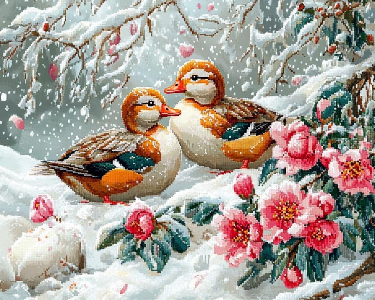 AxiangziK Cross Stitch Kits for Adults 16x20in,Ducks and Flowers in the Snow DIY Art Embroidery Kits for Beginners Gift Home Decor preprinted 11CT