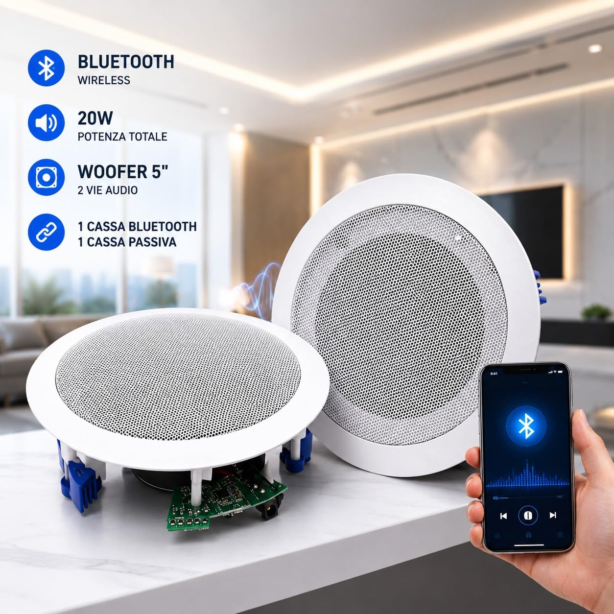 Coppia 2 Casse da Soffitto Parete con Bluetooth 20W ad incasso 2 Vie Woofer 5" Altoparlanti Audio per Casa Ufficio Controsoffitto con 1 Cassa Bluetooth e 1 Passiva