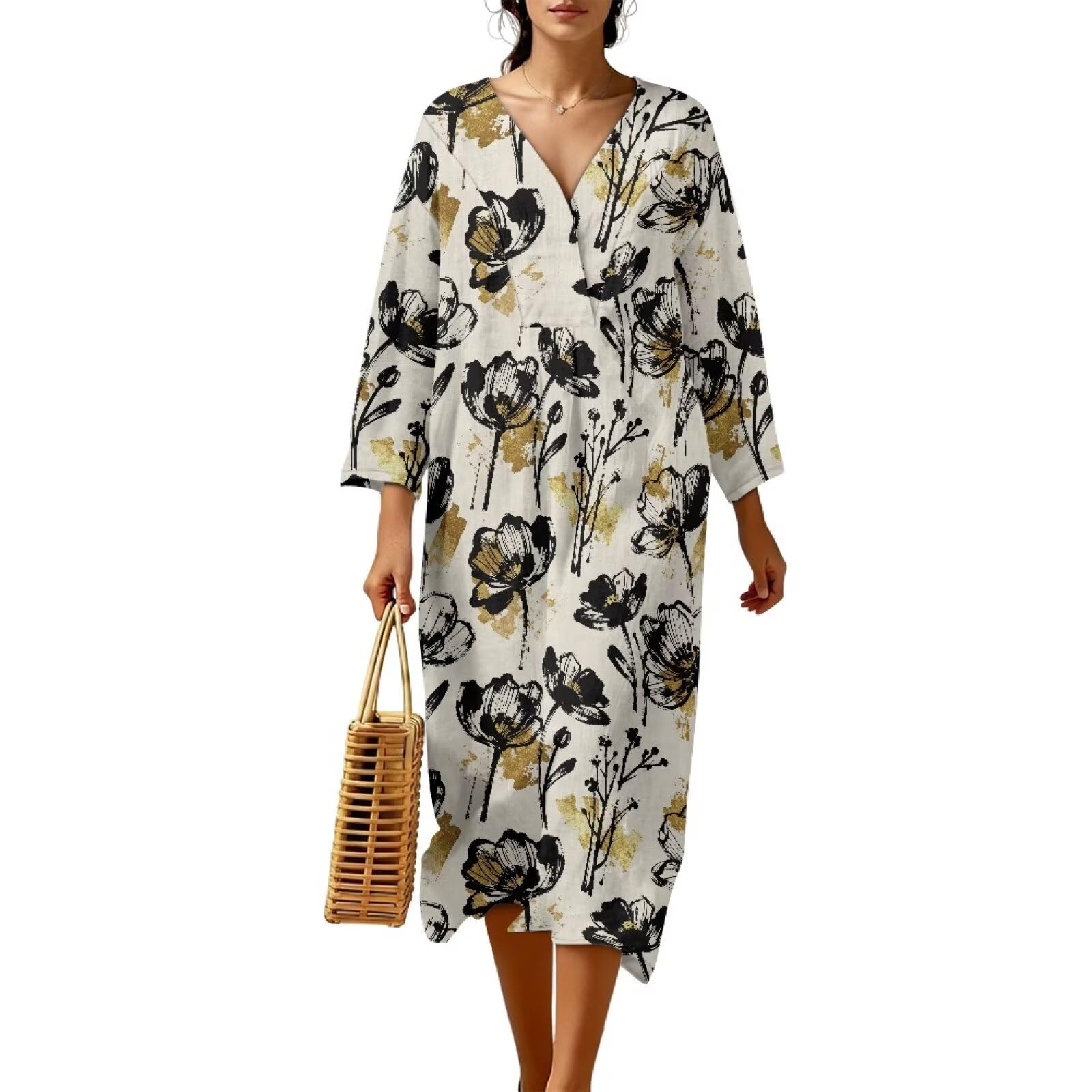 Wanyint Linen-Like - Vestido largo para mujer, manga 3/4, cuello en V, ajuste holgado, casual, para todo el año, tallas S-4XL