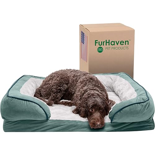 Furhaven Cooling Gel Dog Bed for Large/Medium Dogs w/ Removable Bolsters & Washable Cover, For Dogs Up to 55 lbs - Plush & Velvet Waves Perfect Comfort Sofa - Celadon Green, Large