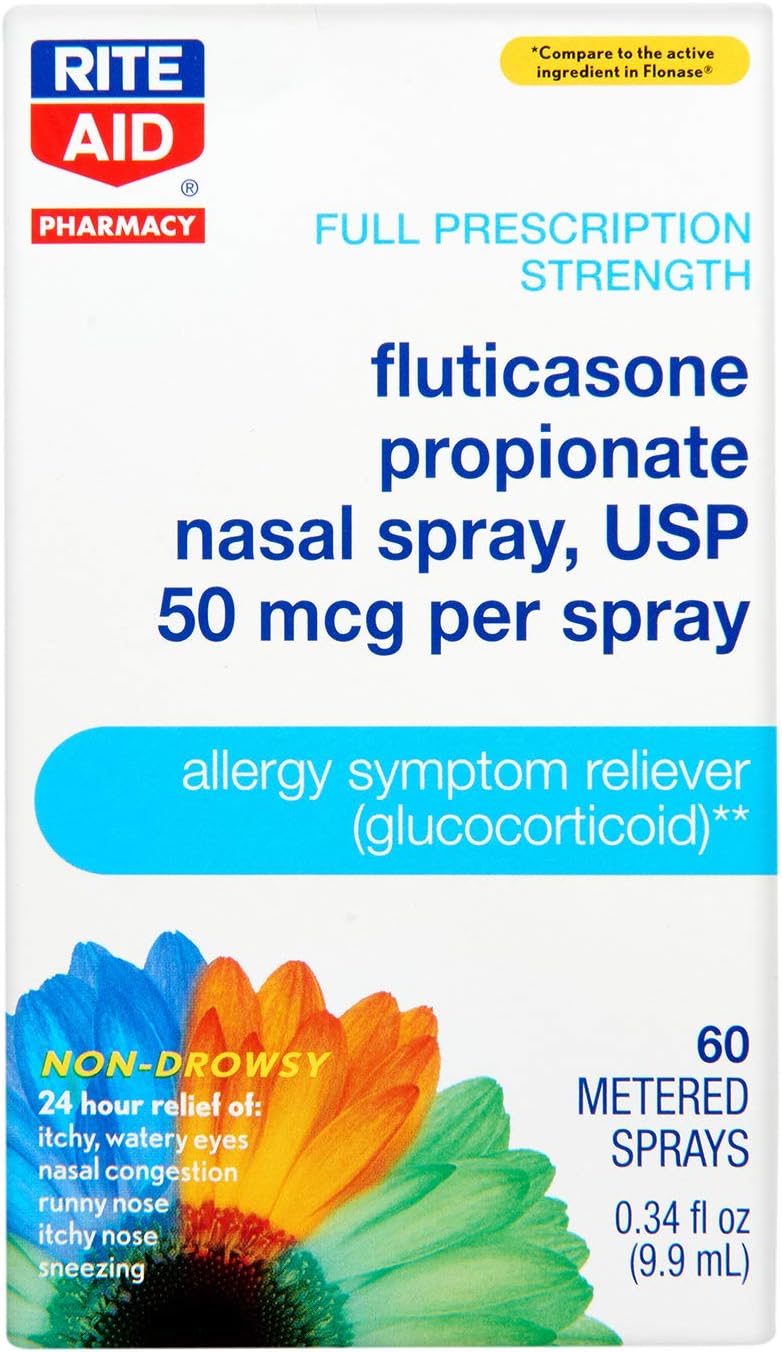Rite Aid Allergy Relief Fluticasone Propionate Nasal Spray, 50mcg - 60 Metered Sprays | Nasal Decongestant Allergy Spray | Saline Nasal Spray Adult | Natural Allergy Relief
