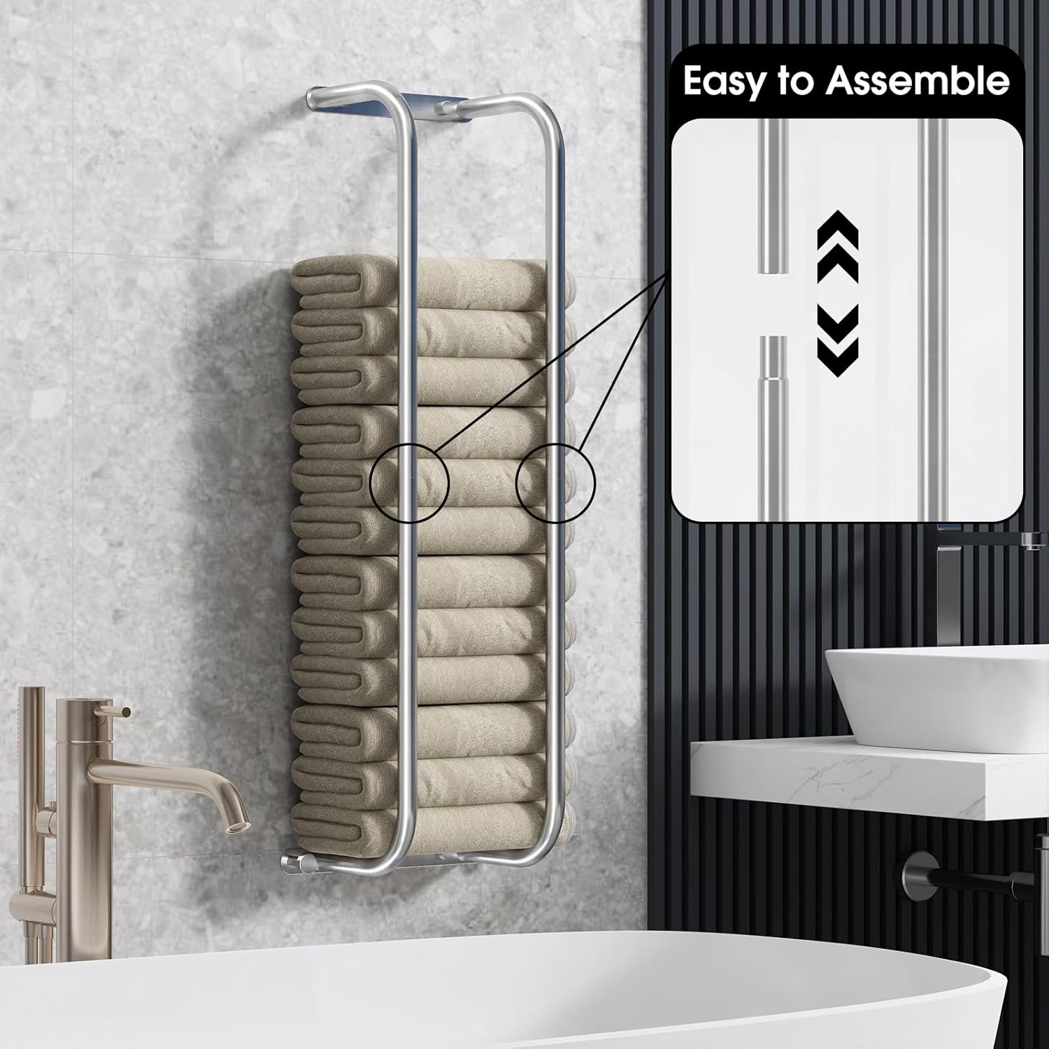 Danpoo Towel Racks for Bathroom Wall Mounted, Towel Storage Organizer, Stainless Steel Bath Towels Holder for Rolled Towels, with 2 Hooks, Brushed Silver