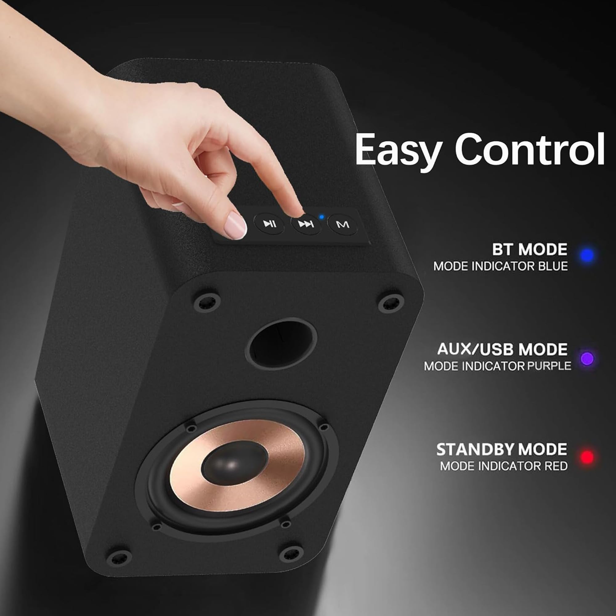 LONPOO 30W Kompakter PC-Lautsprecher Bluetooth, Aktiv Mini Regallautsprecher mit USB, AUX-in, Kopfhörerausgang, 3-Zoll Metall-Tieftöner, 9mm-Holzgehäuse (LP-42S)