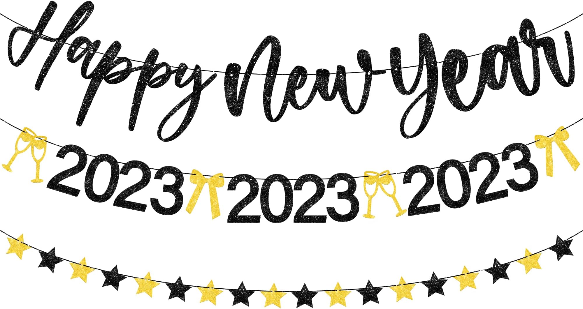 KatchOn, Glitter Happy New Year Banner - 10 Feet, 2 Strings, No DIY | Black and Gold Happy New Years Banner 2025 | Happy New Year Sign | New Years Eve Party Supplies 2025 | Happy New Year Decorations