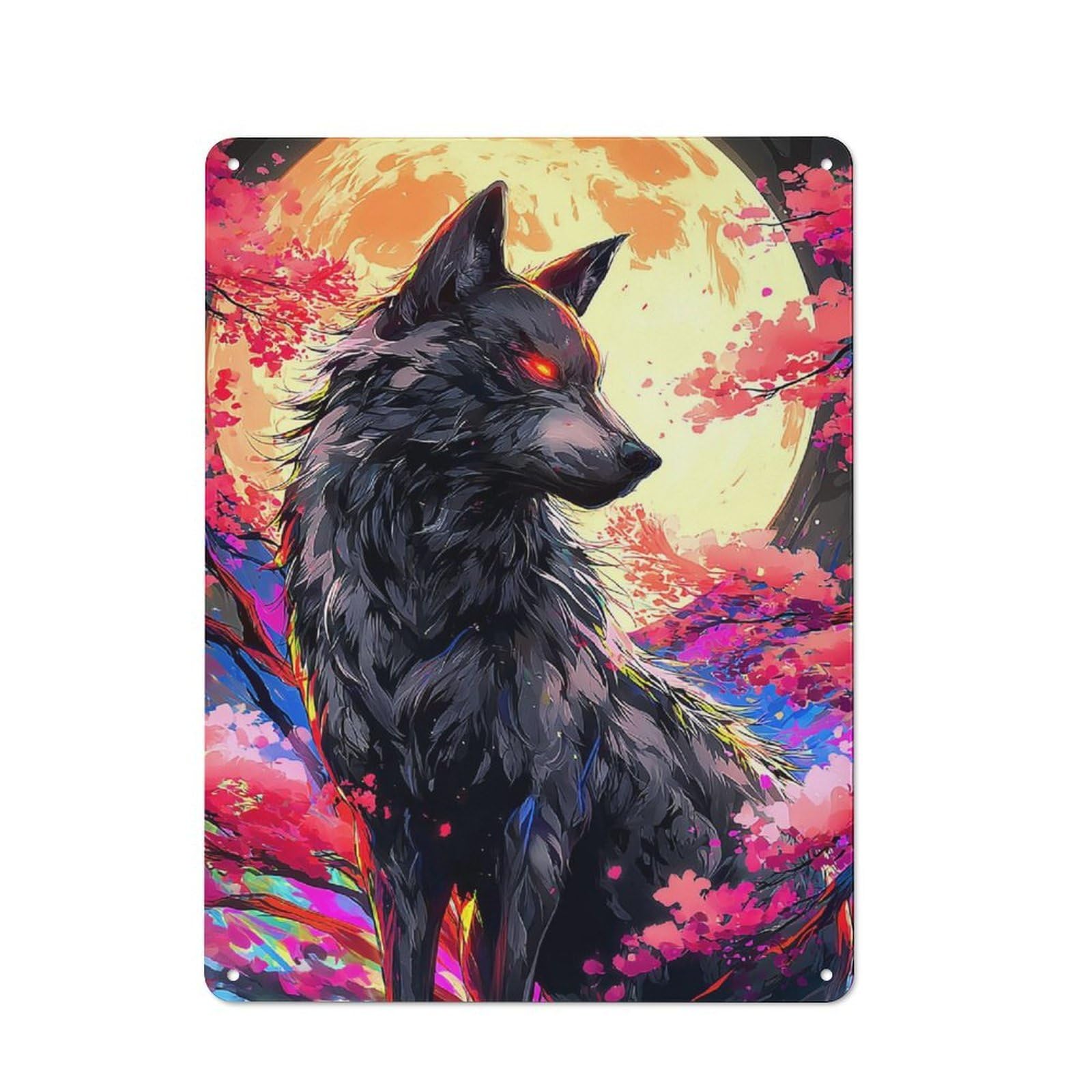 Junmoney Wolf Moon Fantasy Retro Metal Plaque 40X30cm For Lounge Or Reading Corner, Suited To Lounge Decor Fans