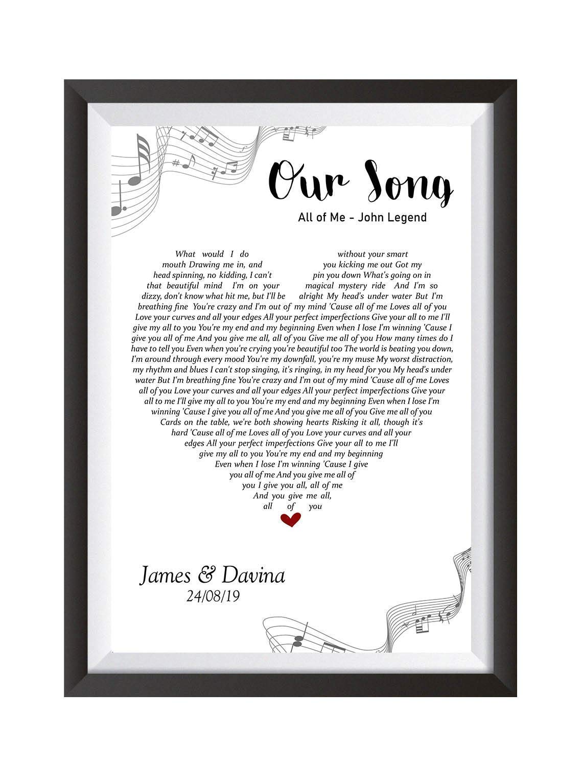 Personalised Our Song Lyrics Heart Wall Art A4 PRINT ONLY - UNFRAMED ANY SONG Valentine's Day Engagement Wedding Anniversary First Dance Gift For Him For Her For Couple
