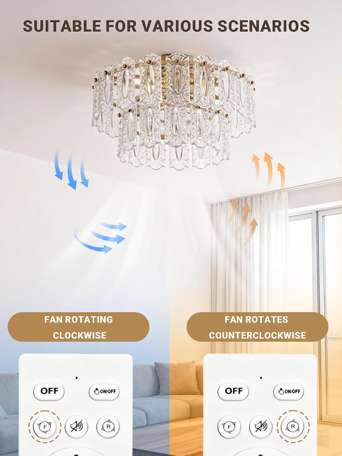 20inch Gold Caged Ceiling Fans with Lights,Crystal Flush Mount Fandelier Ceiling Fan with Light and Remote,Low Profile Ceiling Fan with Light for Bedroom,Dining Room,Living Room