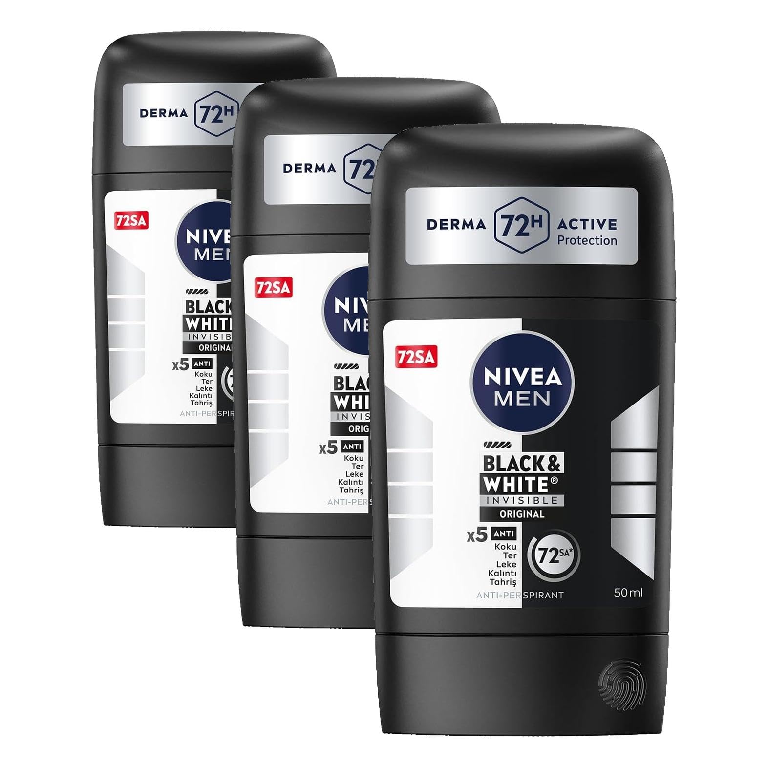 NIVEA MEN Erkek Stick Deodorant Black&white Invisible Original 50ml 72 Saat Anti-perspirant Ter Koruması (3 paketi)