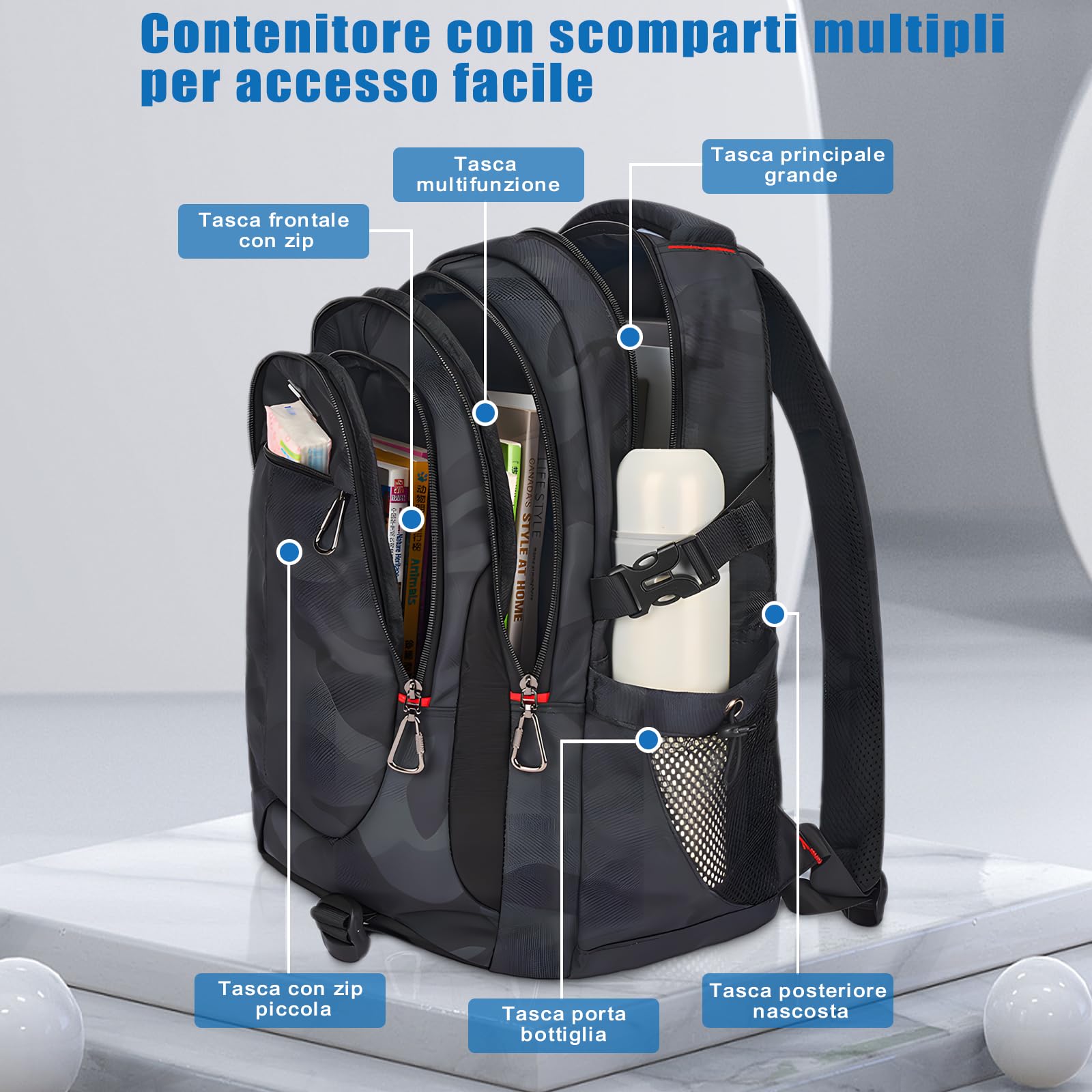 Zaino Scuola Media Superiore Ragazzo, Zaino Uomo Grande 17 Pollici Laptop, Zaini per PC portatili Impermeabile, Zainetti per Bambini Casual Borsa per Scuola Università Viaggio, 10 -22 Anni, 50cm