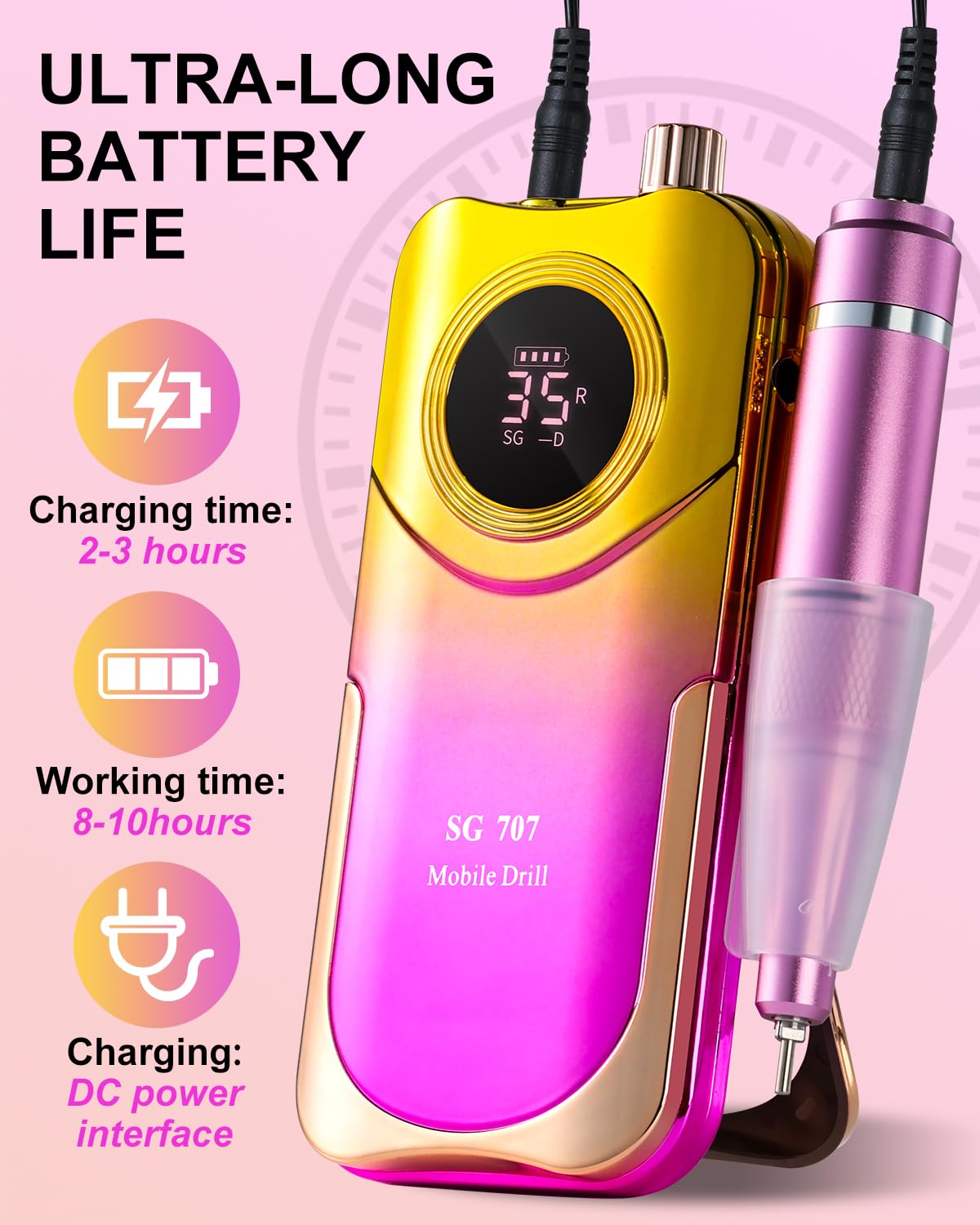 Kit de taladro de uñas profesional de 35000 RPM con clip, portátil, inalámbrico, recargable, velocidad ajustable con pantalla LCD y 14 puntas para manicura de gel acrílico, pedicura, adecuado para