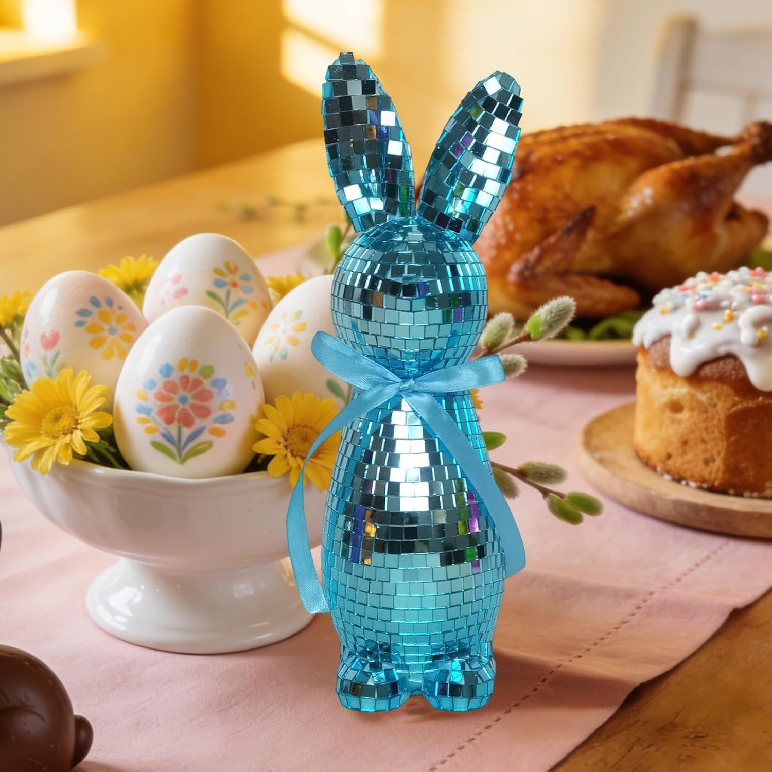 Disco Bunny Statue - Mirror Disco Ball Bunny Easter Decoration Reflective Easter Bunny Figure Decoration Spring Rabbit Decoration for Table Decoration, Home and Weddings (Blue)