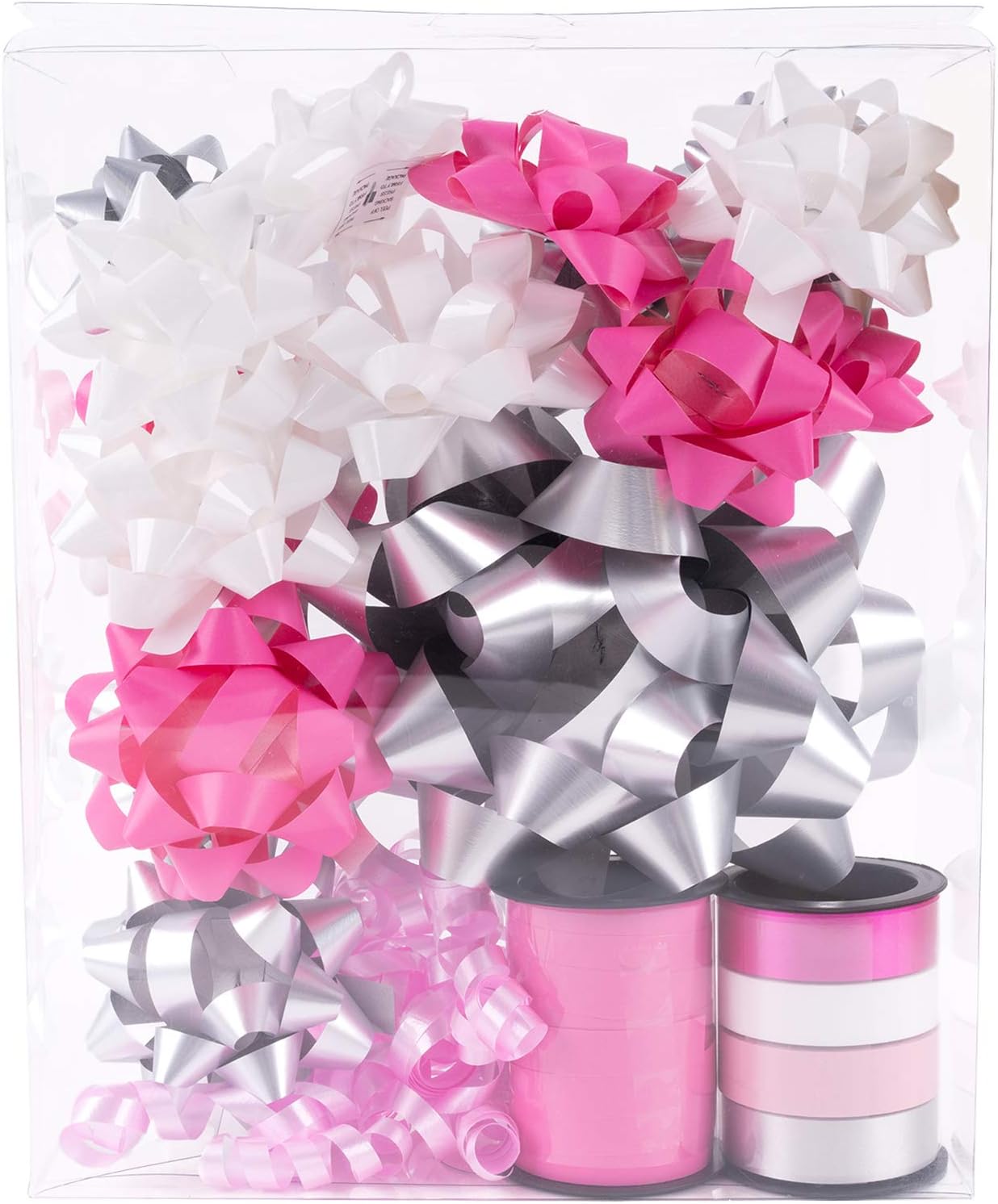 WRAPAHOLIC 19 Pcs Gift Bows Assortment - 16 Multi Colored Assorted Size Gift Bows(Pink, White, Silver), 2 Crimped Curling Ribbons, 1 Pink Curly Bows, Perfect for Christmas, Holiday, Party : Health & Household