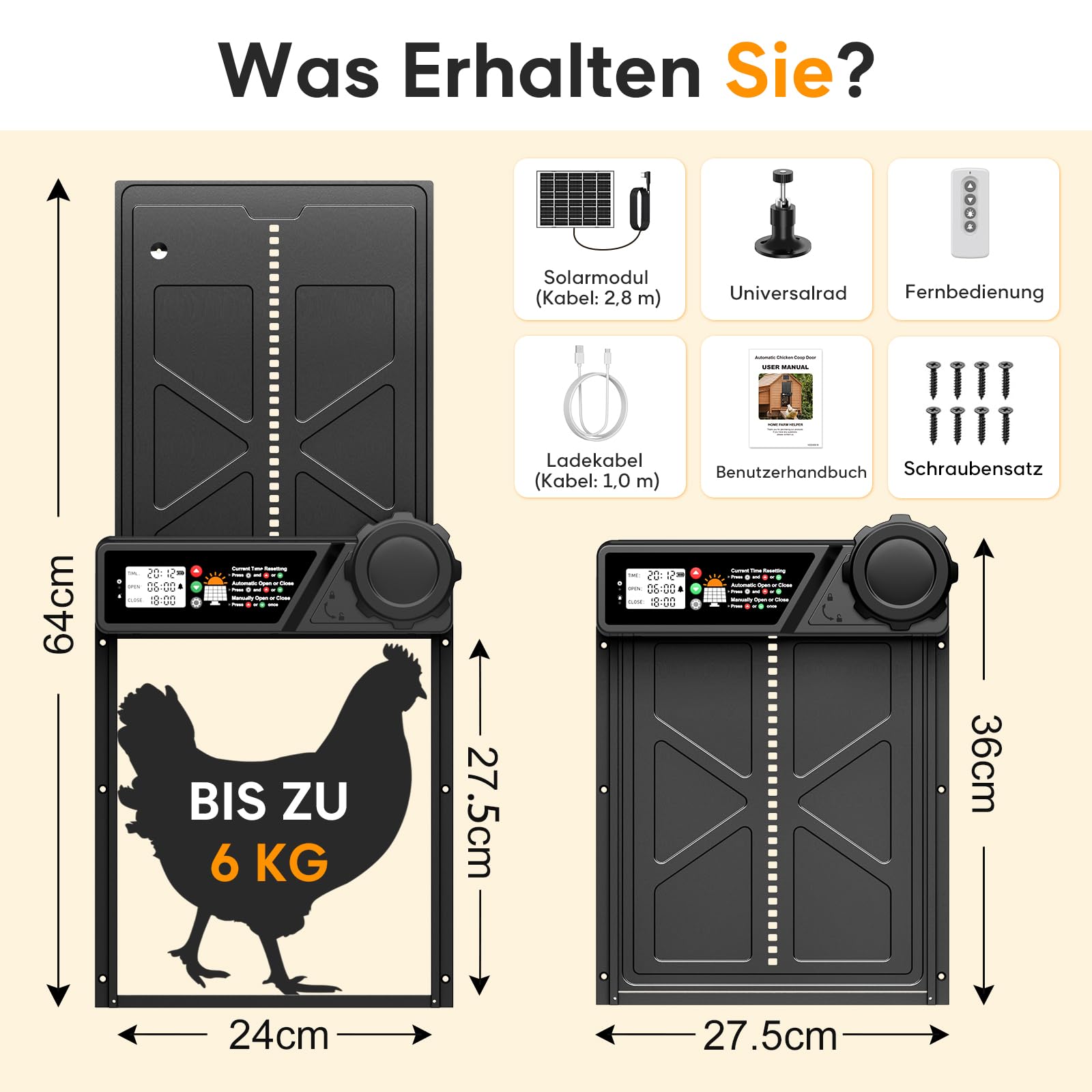 Große Automatische Hühnerklappe Solar, Aluminum Hühnerklappe Automatisch mit Großes Display, Timer, Fernbedienung, Intelligenter Einklemmschutz Elektrische Hühnertür