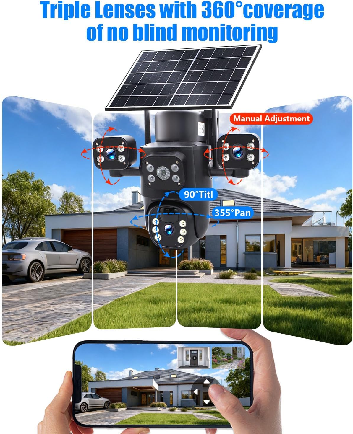 Triple-Lens Solar Security Cameras Wireless for Home Surveillance Outdoor, 3 * 2MP HD Crystal Clarity, PTZ 360º Coverage, 8000mAh Built-in Battery, No Subscription Fee Local Storage