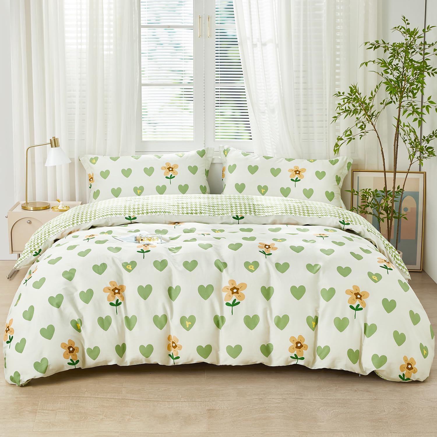 SAPHREAS Heart Duvet Cover Soft Cotton King Green Love Pattern Bedding